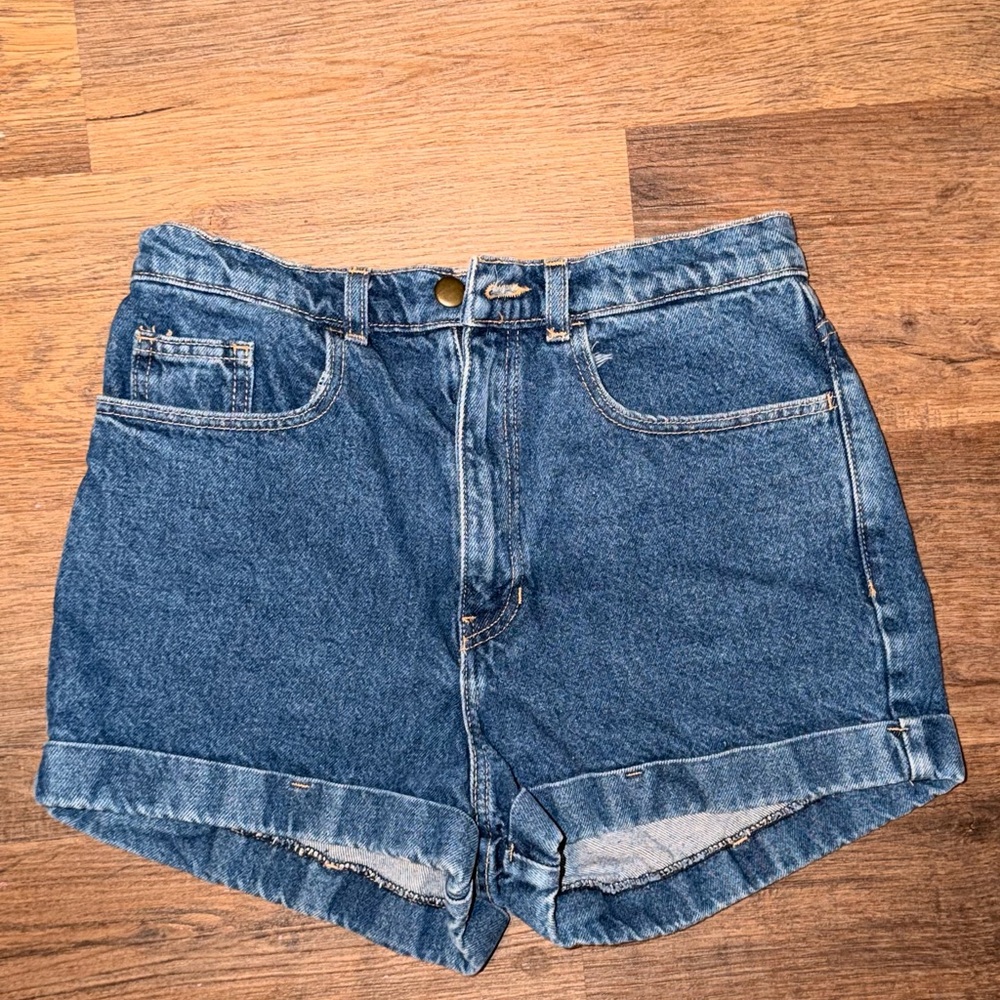 American Apparel High-Rise Cuffed Denim Shorts - Blue - Picture 2 of 5